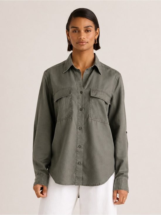 Quince Tops - Quince Vintage Wash Tencel Utility Shirt Olive Green Button-Up Size Small